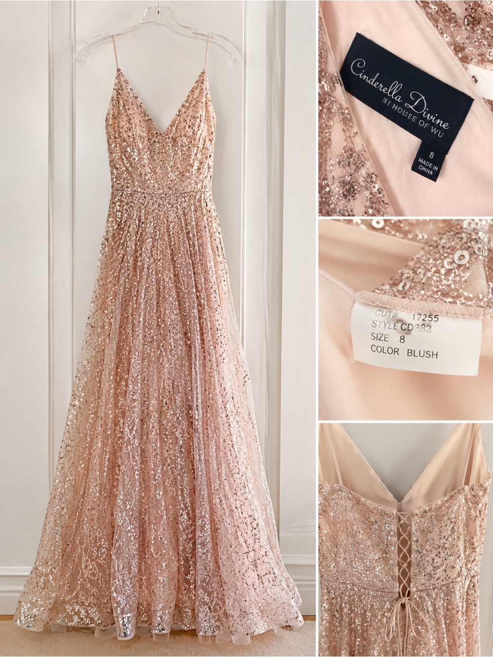 Cinderella Divine Blush Sequin Spaghetti-Strap Prom Dress